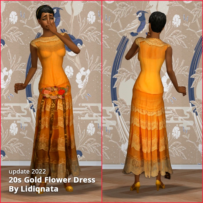 20s long gold flower flapper dresses by lidiqnata for sims 2