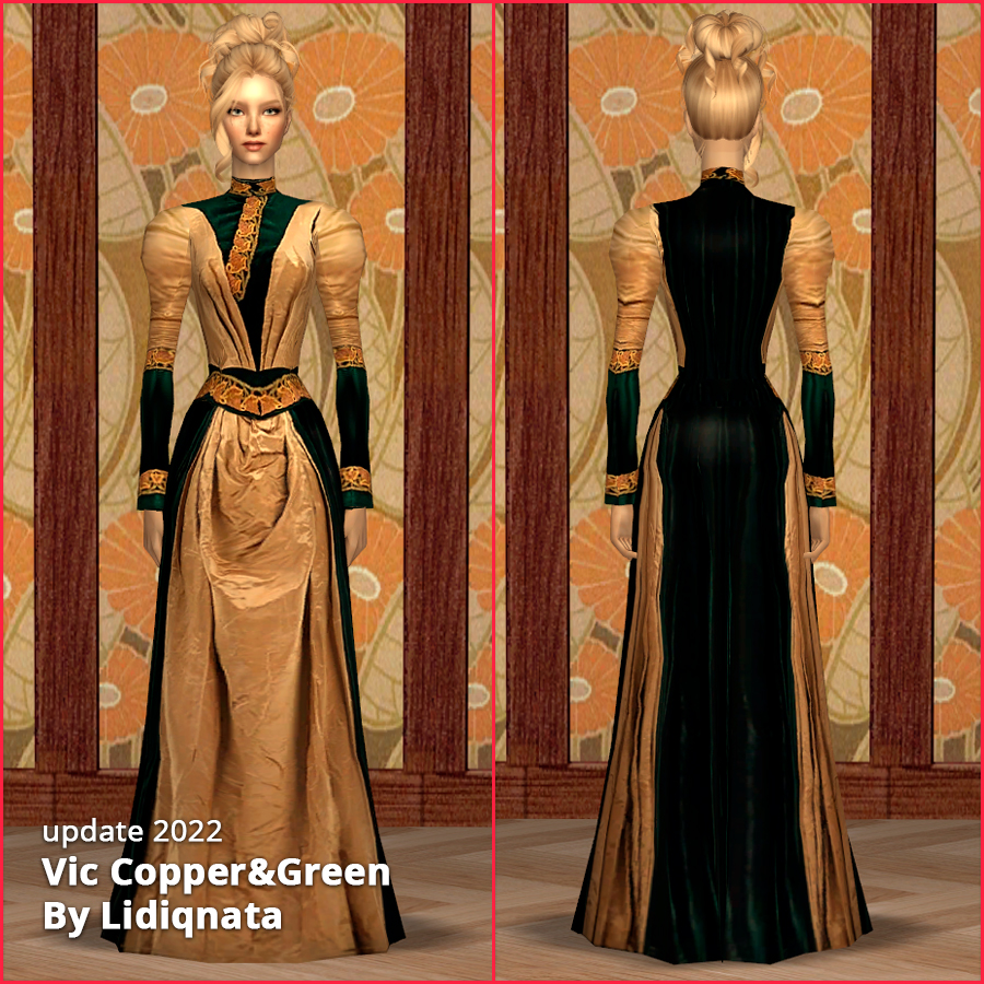 victorian copper and green dress by lidiqnata for sims 2