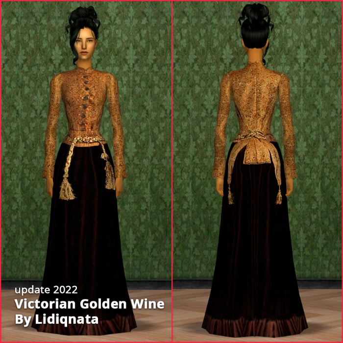 victorian golden wine dress by lidiqnata for sims 2