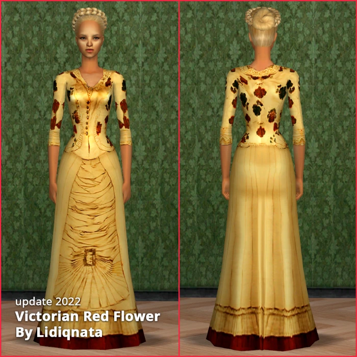 victorian red flower dress by lidiqnata for sims 2